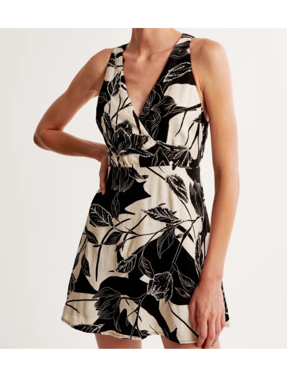 Abercrombie & Fitch Linen Blend Wrap Dress Black Pattern Women’s Medium Petite